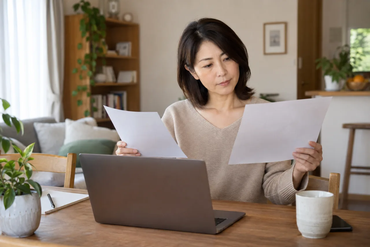 在宅勤務の求人条件を比較する日本人女性