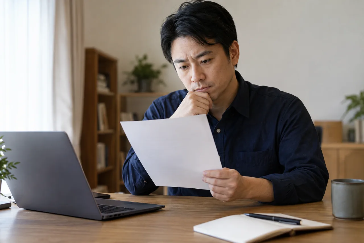 在宅勤務の労働条件通知書を確認する日本人男性
