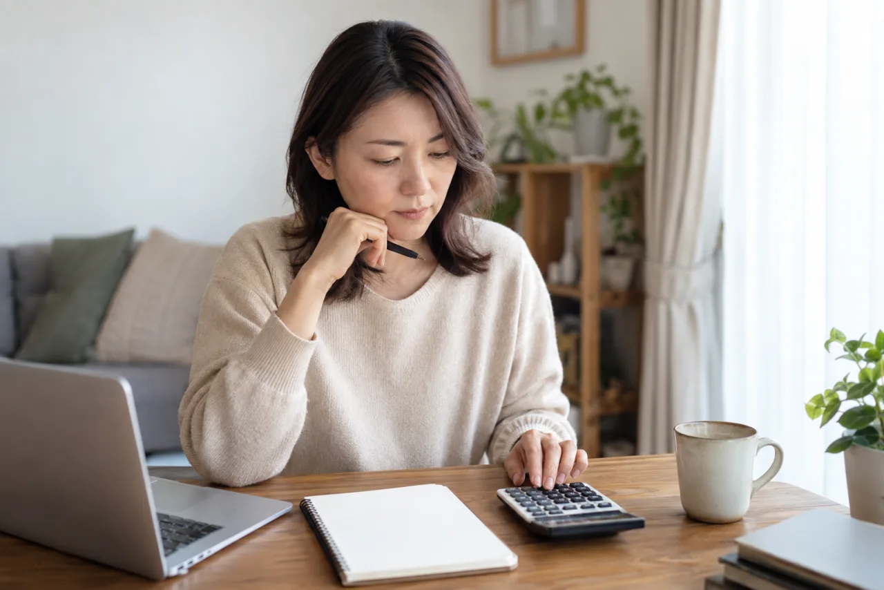 在宅勤務の収入と費用を計算する日本人女性