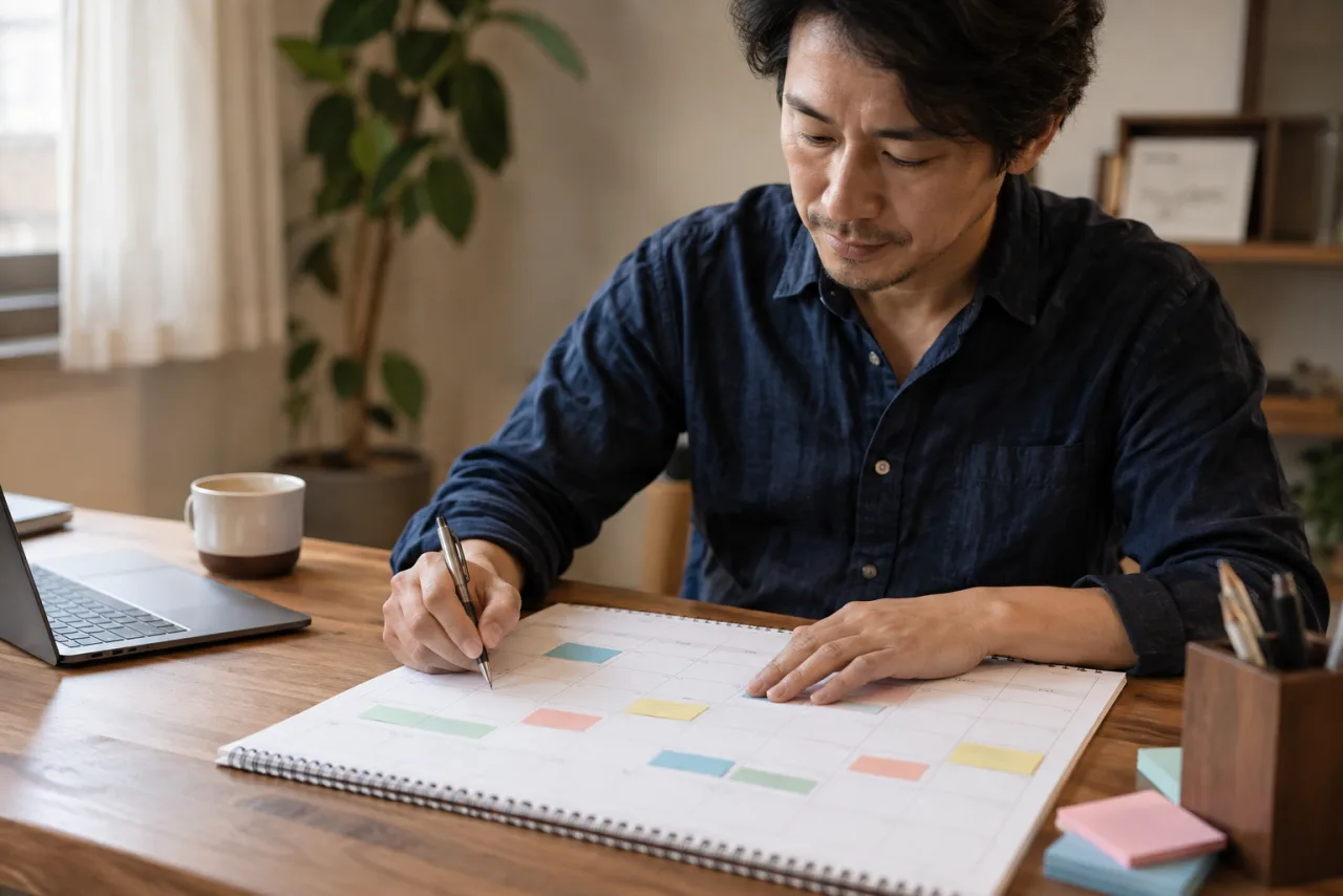 在宅勤務と生活時間の予定を整理する日本人男性
