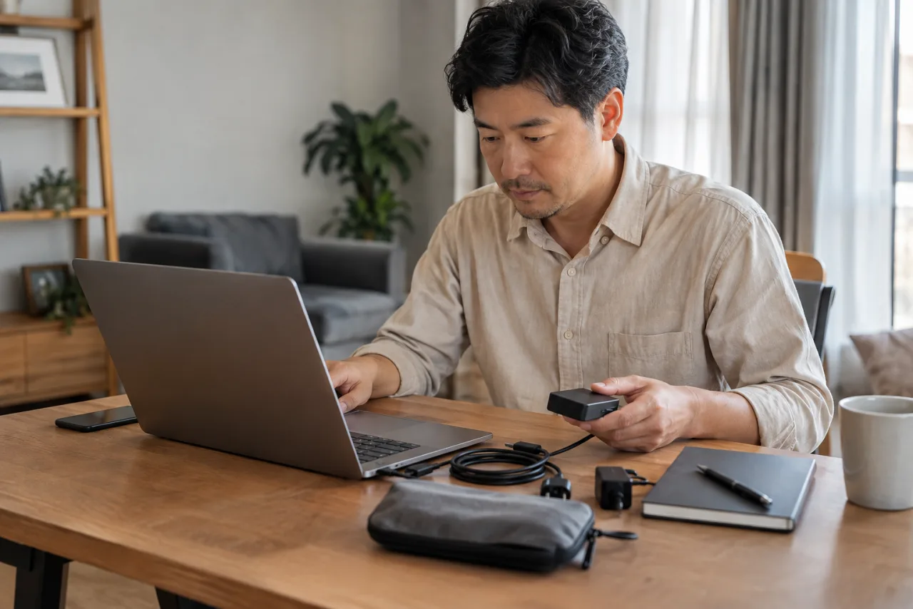 在宅勤務の作業机と貸与機器を確認する日本人男性