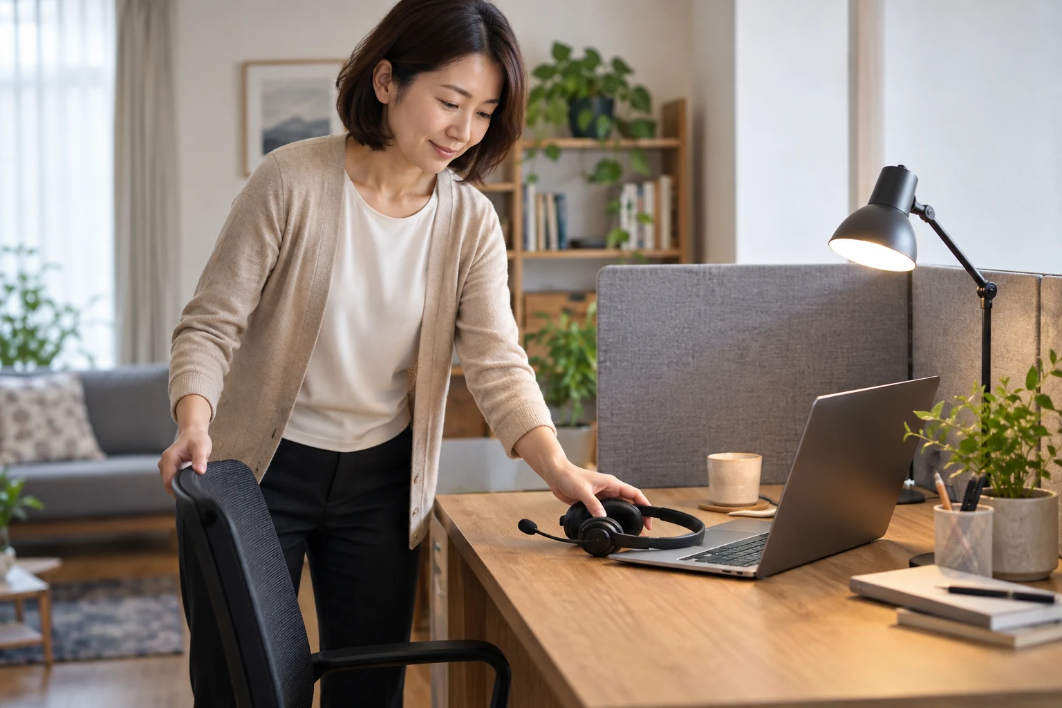 自宅の机とパソコンを在宅勤務用に整える日本人女性