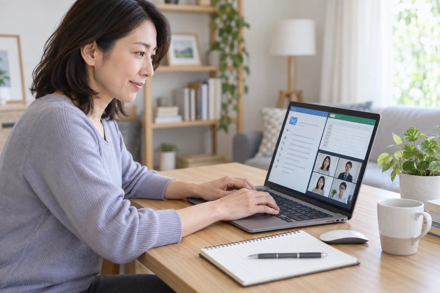 パソコンの基本操作を練習する日本人女性