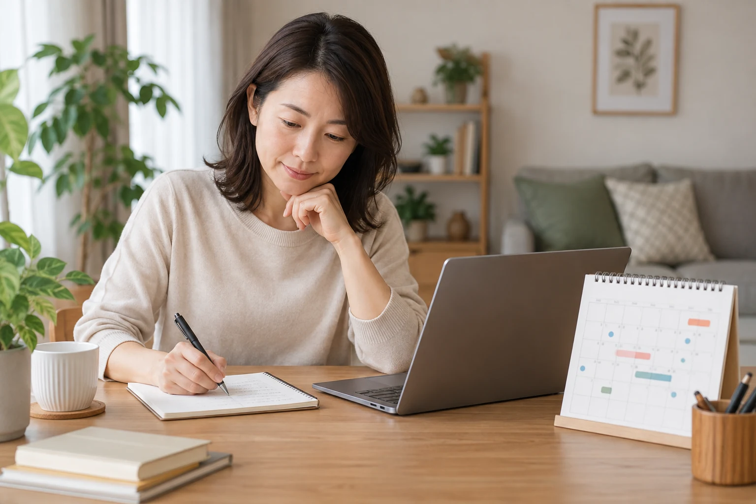 在宅ワーク応募までの計画を立てる日本人女性