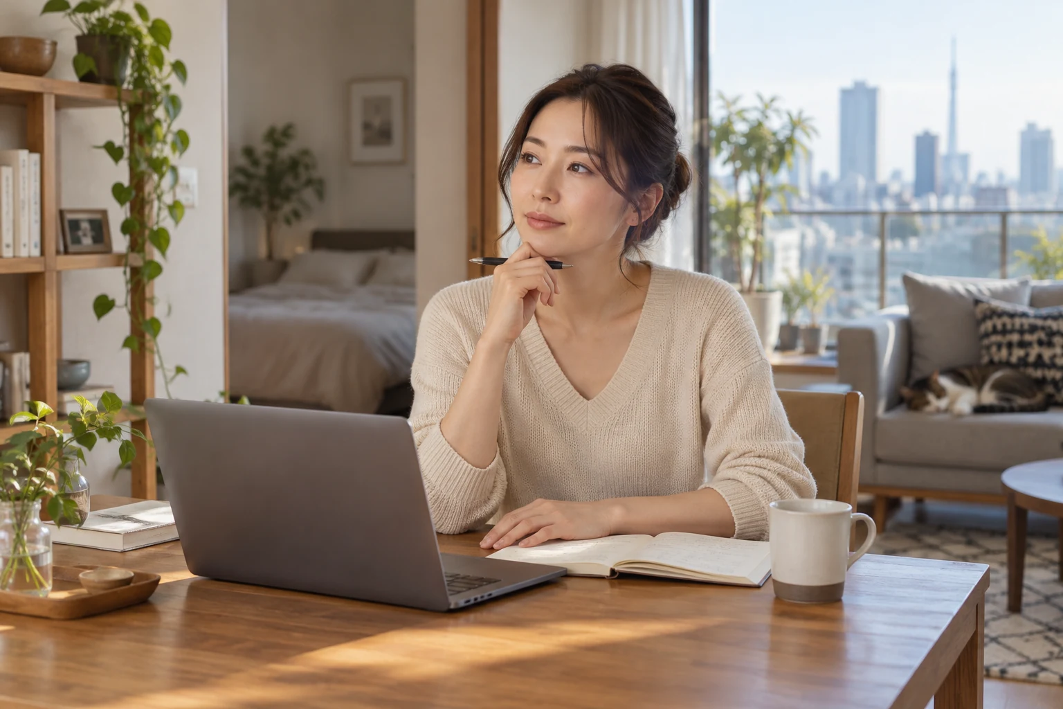 日本人女性が自宅で在宅ワークの働き方を検討する様子