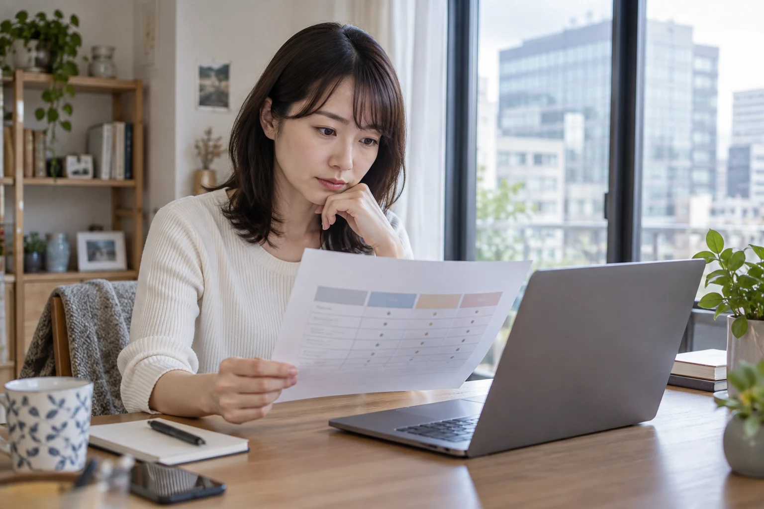 日本人女性が自宅勤務と出社勤務の条件を比較する様子