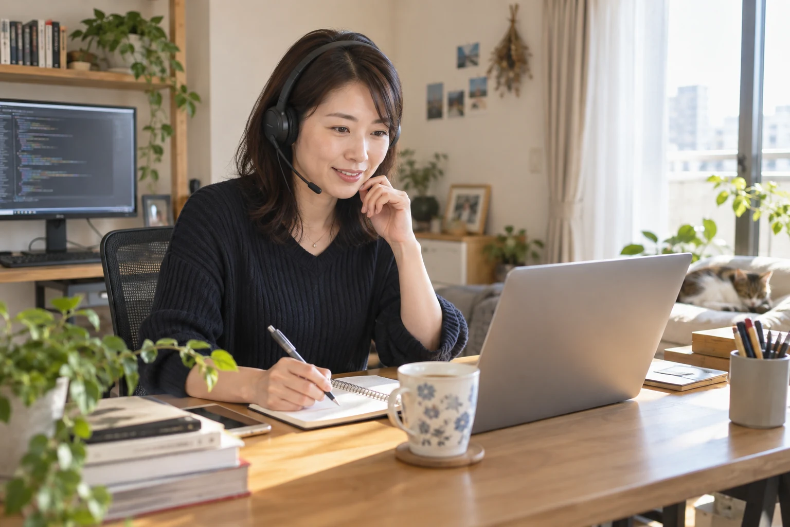 日本人女性が自宅のパソコンでオンライン業務を進める様子