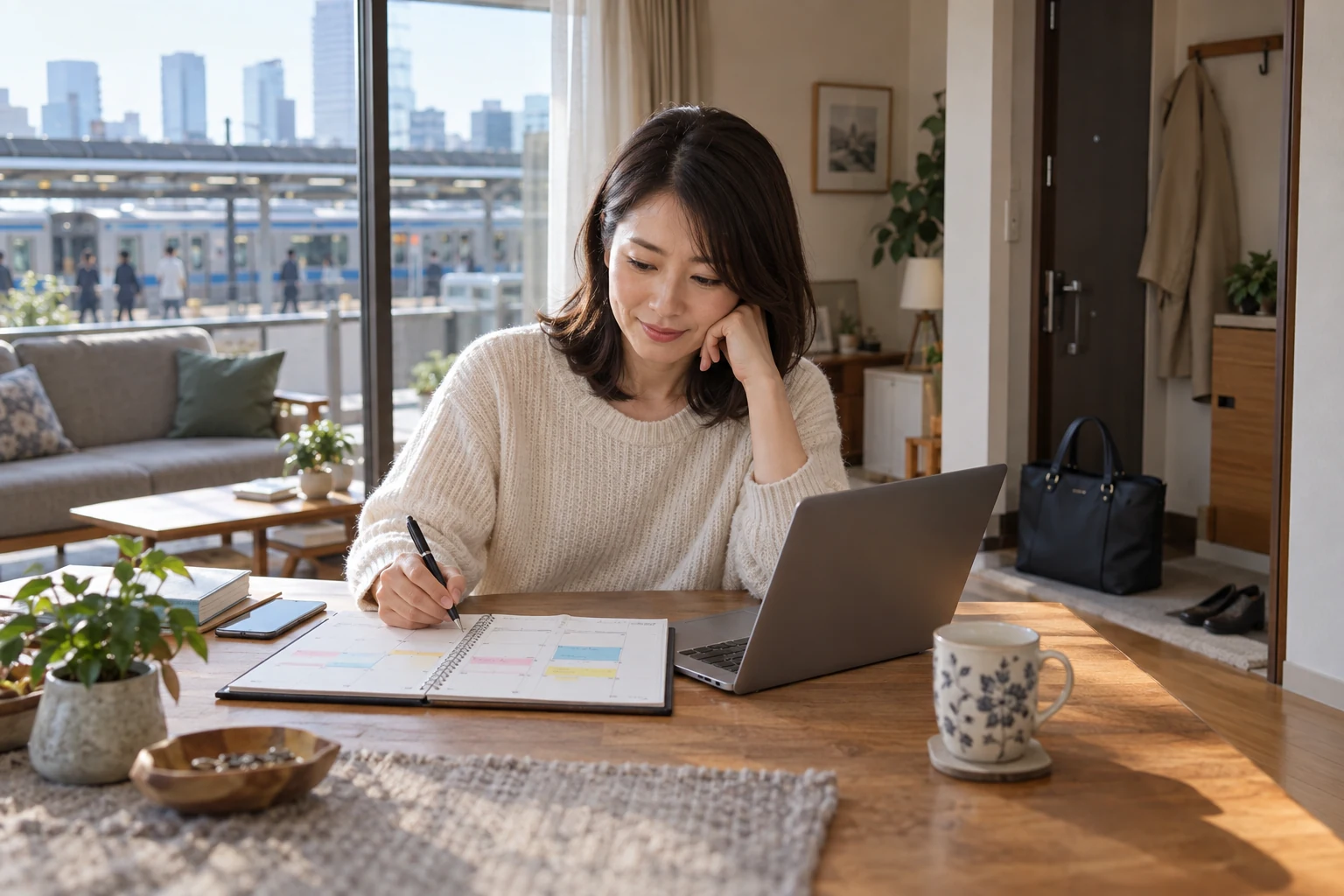 日本人女性が在宅勤務と出社の予定を整理する様子
