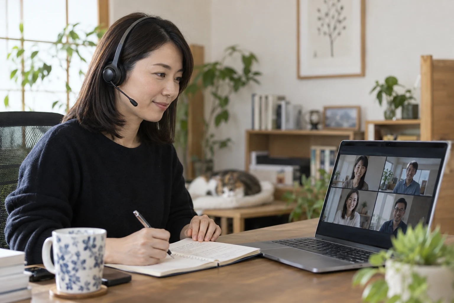 日本人女性が自宅からオンライン会議に参加する様子