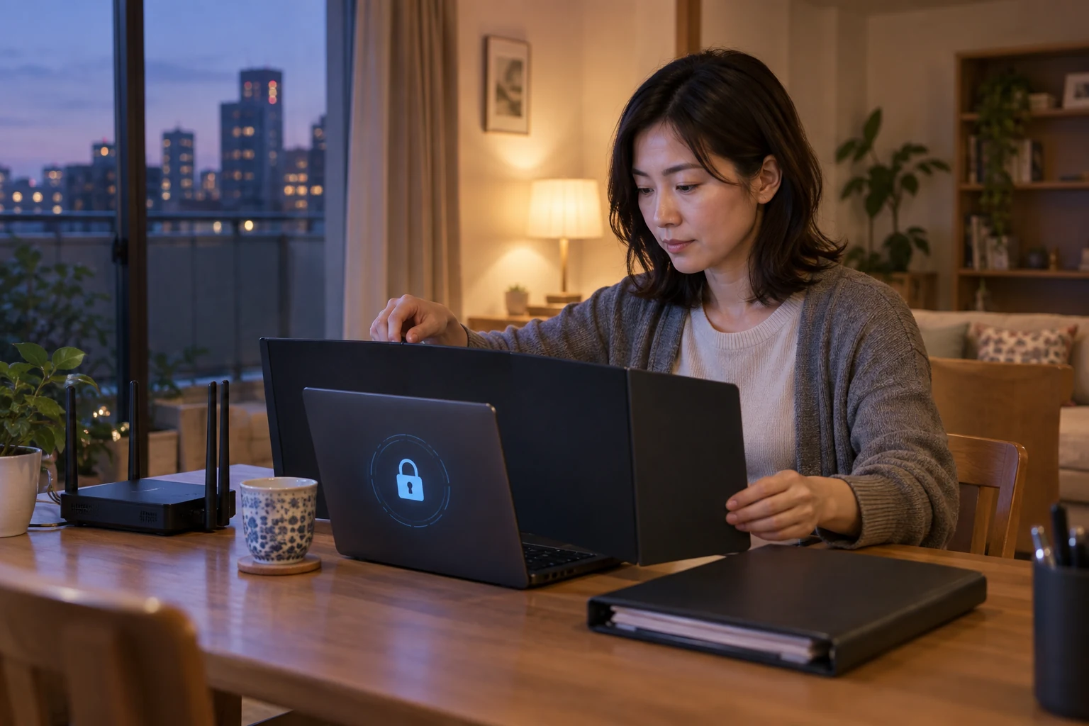 日本人女性が自宅の仕事環境のセキュリティを確認する様子