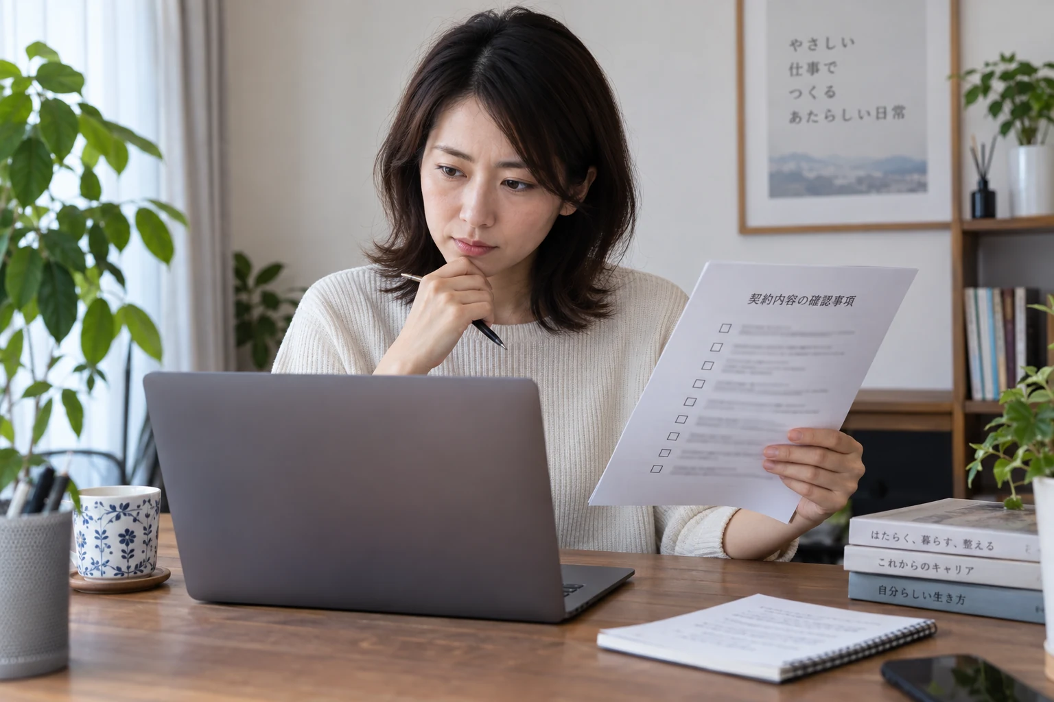 日本人女性が在宅ワーク求人の契約条件を確認する様子