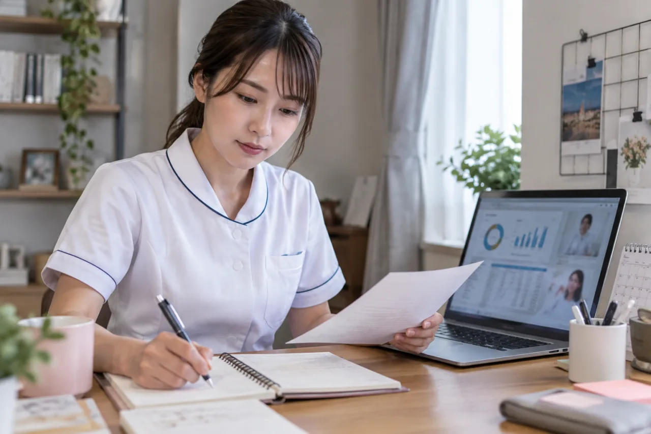 看護師が自宅からノートパソコンでオンラインの健康相談を行っている様子