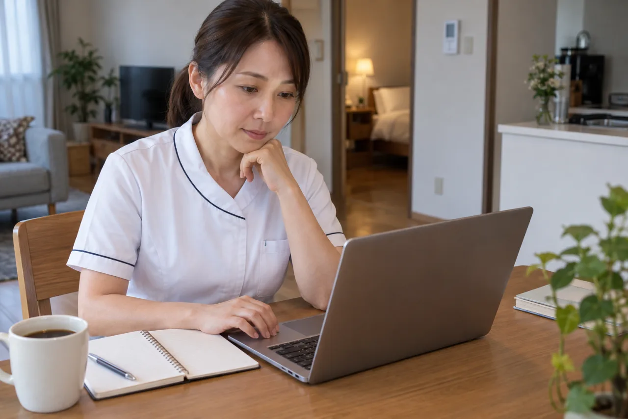 看護師が健診結果や健康データを確認しながら記録を作成している様子