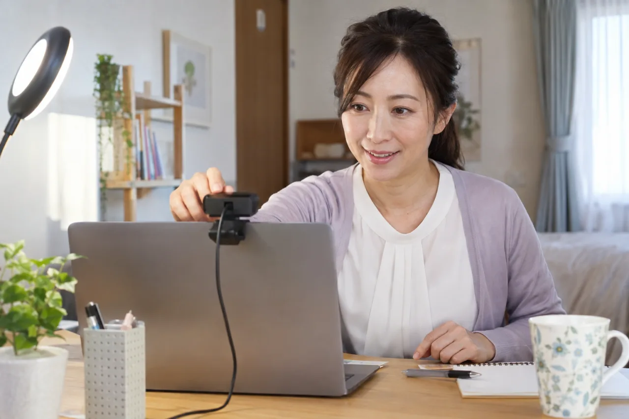 看護師が自宅の机でノートパソコンと応募書類を見比べながら考えている様子