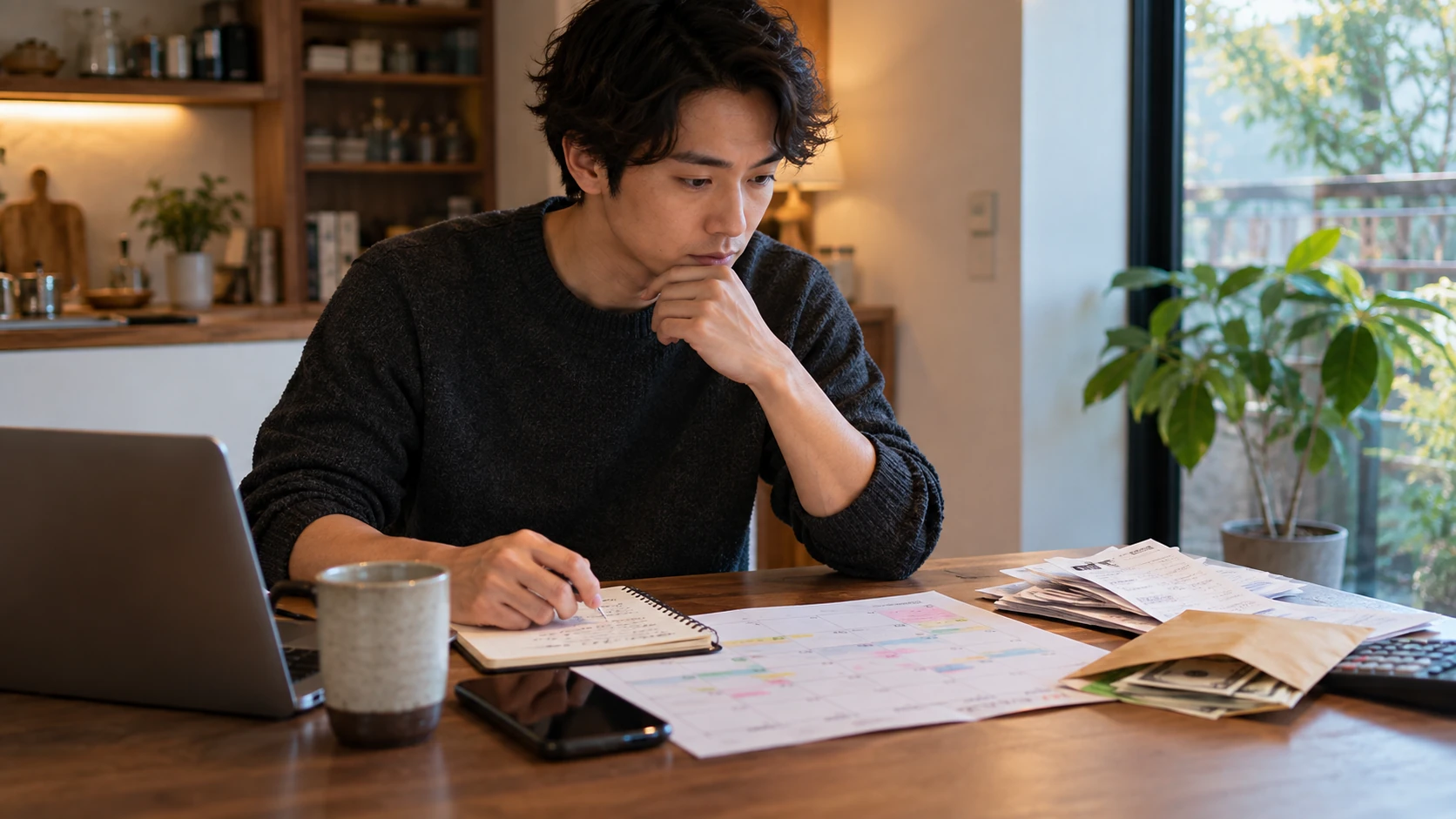 在宅ワークの月別収入を計画する様子