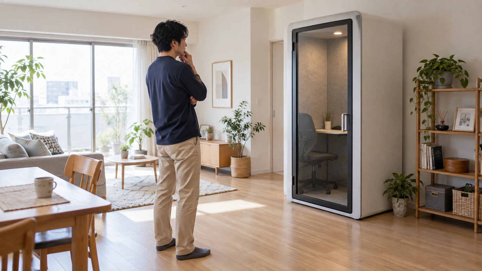 自宅の一角にテレワーク用の個室ブースを置くか検討している様子