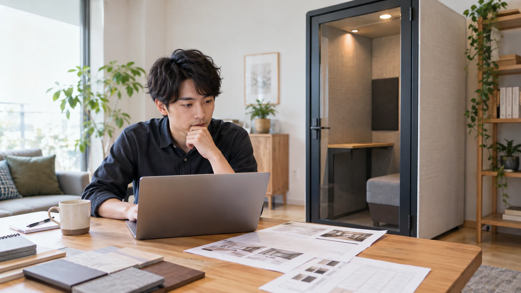 防音性能の数値と測定条件を確認しているテレワーク利用者