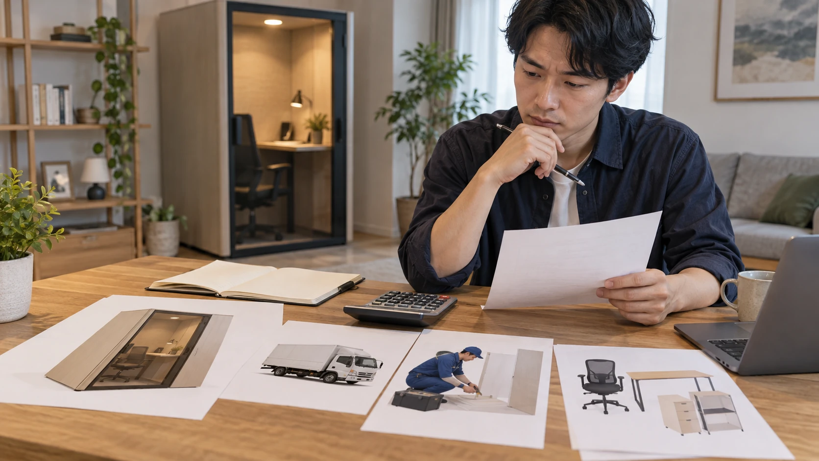 個室ブースの購入費と搬入費や家具費を合計して予算を確認する様子
