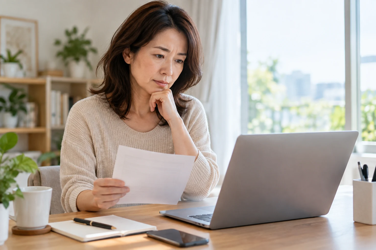 在宅ワークの仕事内容と収入条件を求人票で確認している様子