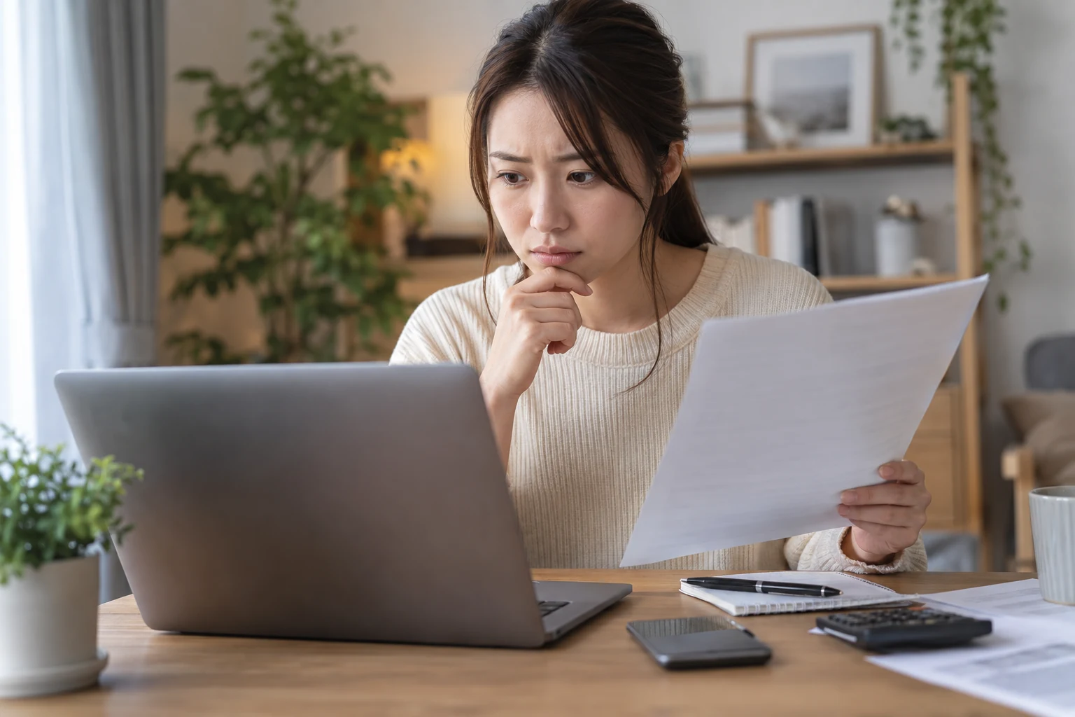 在宅ワーク募集の契約条件と費用を確認して申し込みを判断している様子