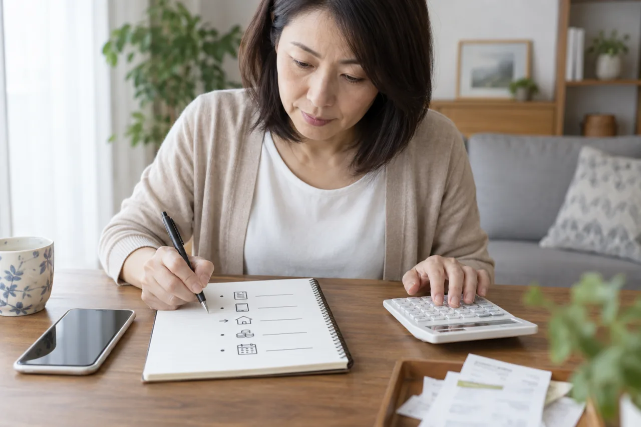 日本人女性がクラウドソーシングの報酬手数料振込費用と作業時間をノートに記録している