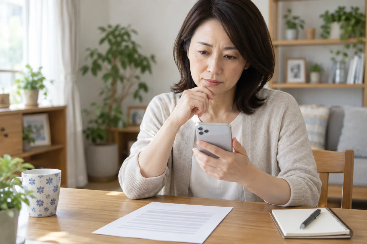 日本人女性がクラウドソーシングの報酬支払日と取引条件をスマホと書類で確認している