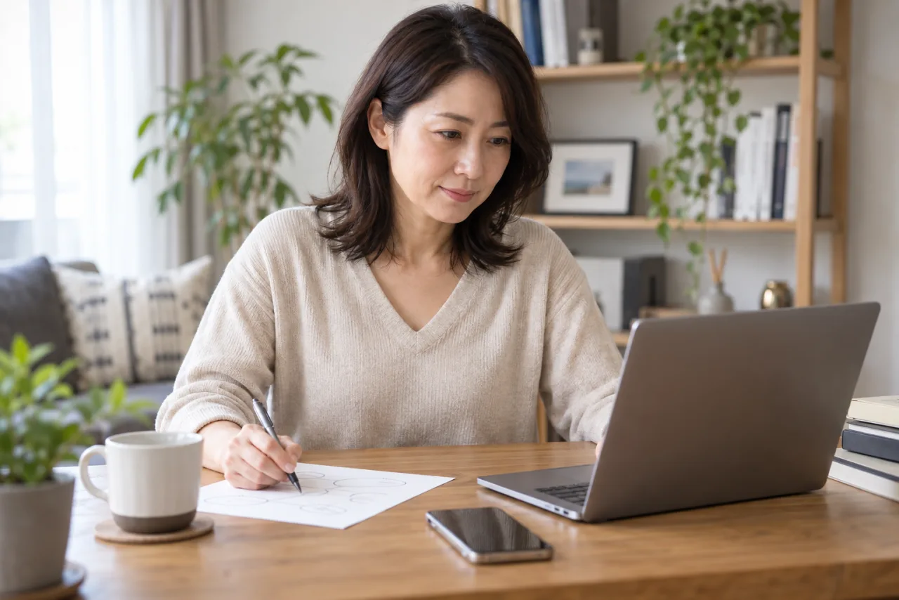 日本人女性がクラウドソーシングの応募文と実績の見せ方を整えている自宅作業