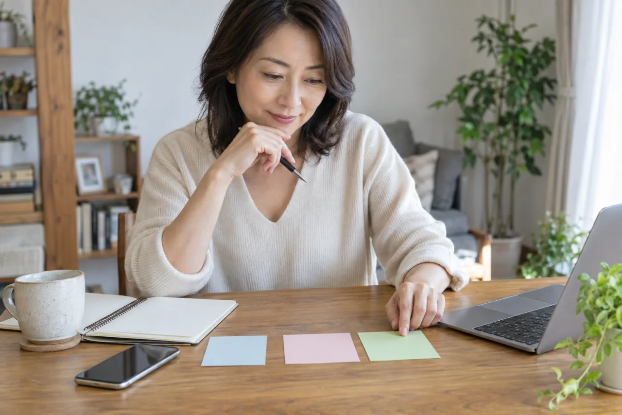 発注者と受注者とクラウドソーシングサービスの関係をスマホとノートで整理する日本人女性