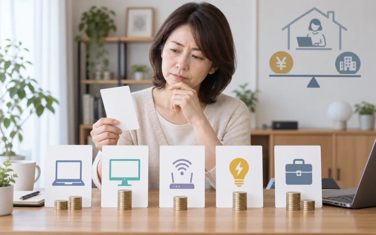 日本人女性が在宅勤務のPC、モニター、通信費、会社負担を確認するカードを並べている