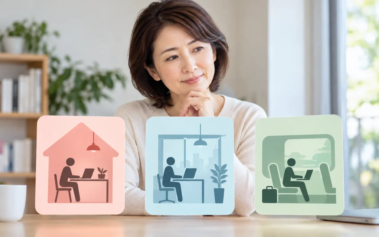 在宅勤務、サテライトオフィス、モバイル勤務を日本人女性が3つの場所のカードで比較している