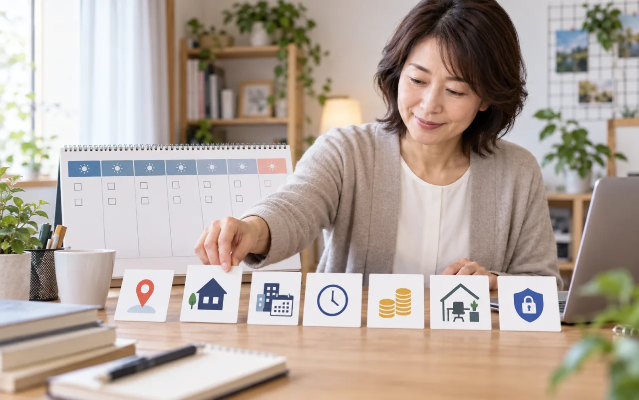 日本人女性がテレワーク求人に応募する前の一週間の確認項目を整理している