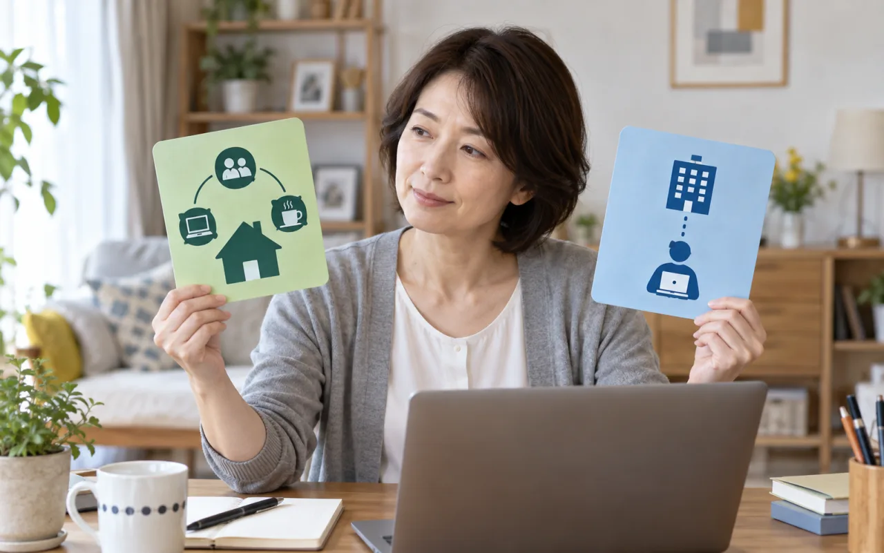 日本人女性がテレワークとリモートワークの言葉を抽象的な分類カードで整理している
