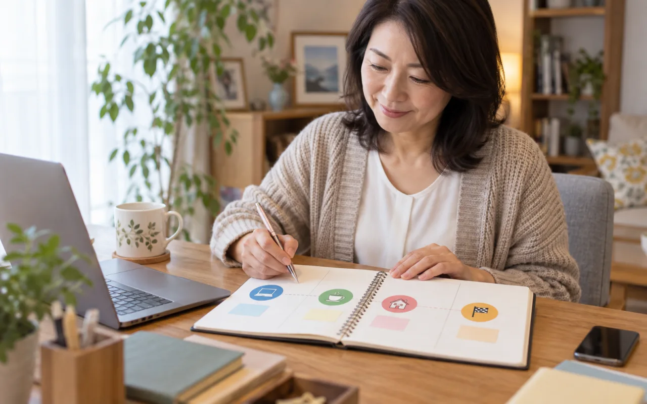 日本人女性が在宅勤務の始業終業、休憩、中抜けを予定表で整理している