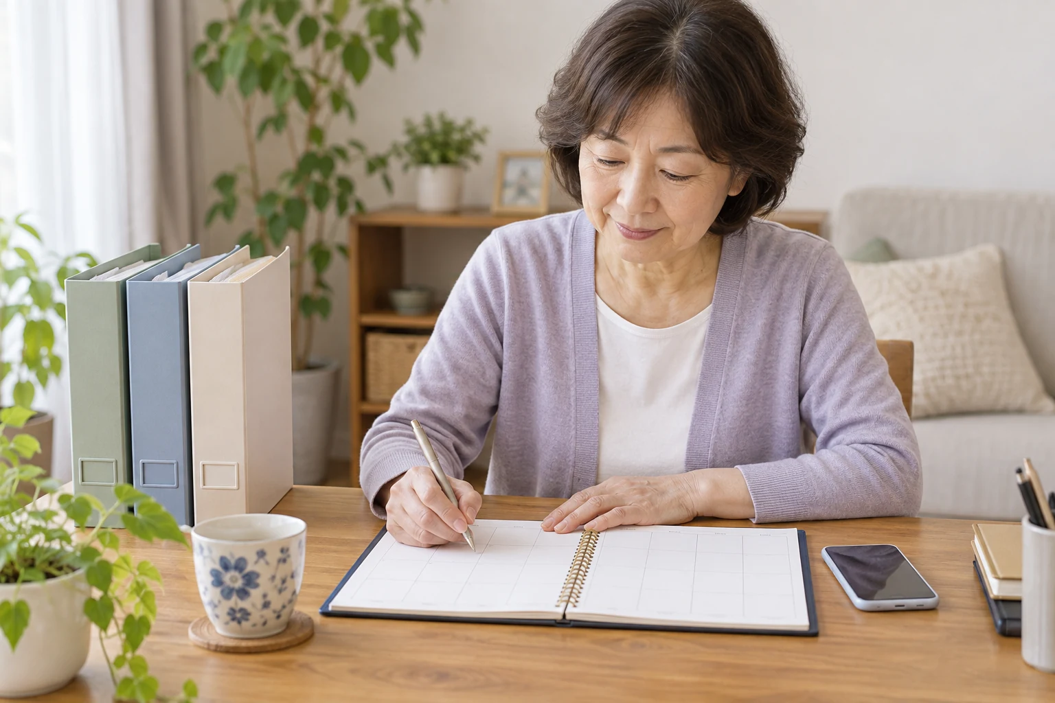 日本人女性が一週間の在宅求人探しの予定を手帳に整理する