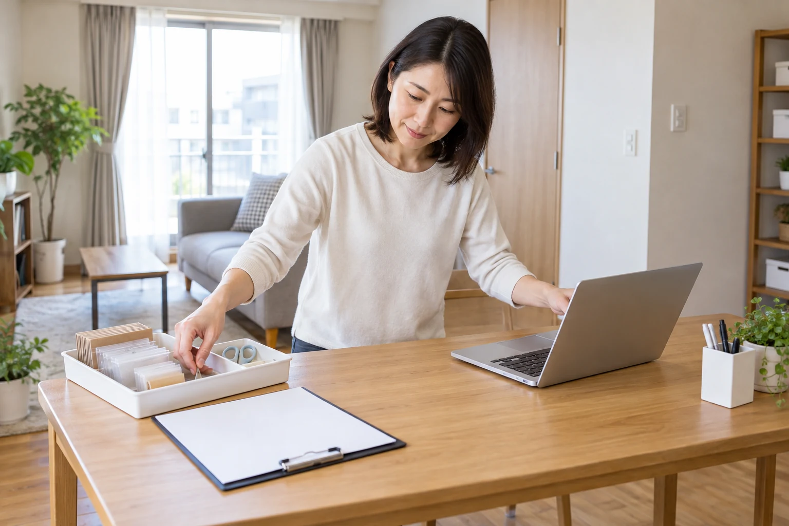 在宅作業の資料と道具を整理して安全を確認する女性のイメージ