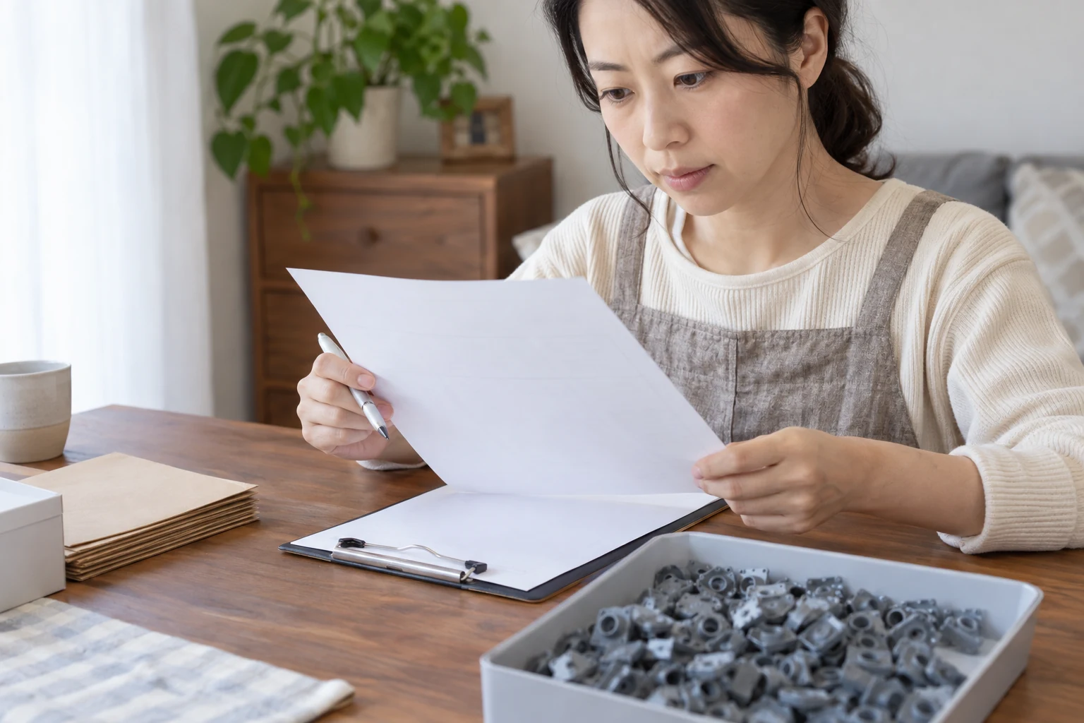 納品条件を確認しながら書類を整理する女性のイメージ