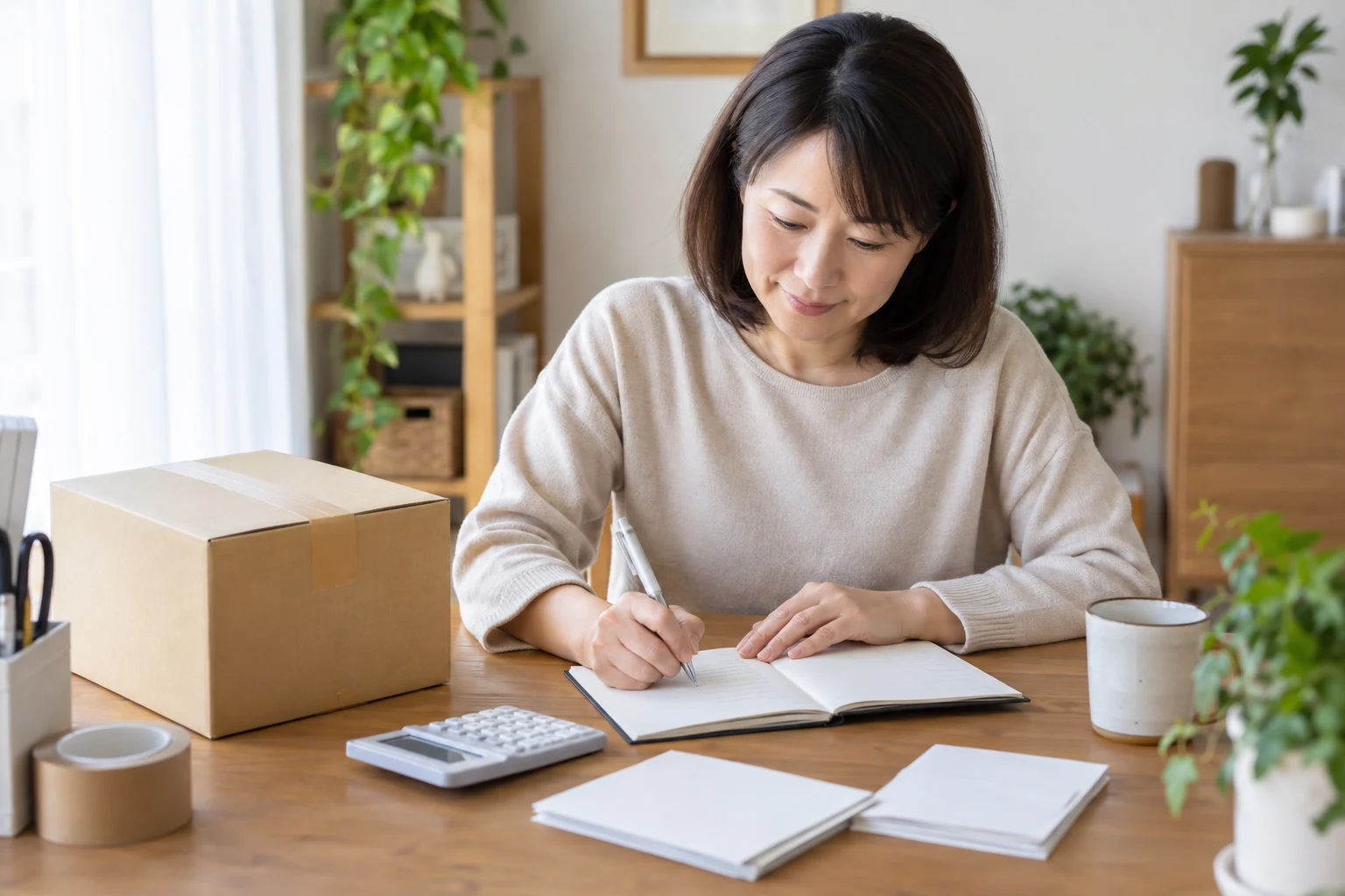 在宅ワークの条件と作業記録をノートにまとめる女性のイメージ