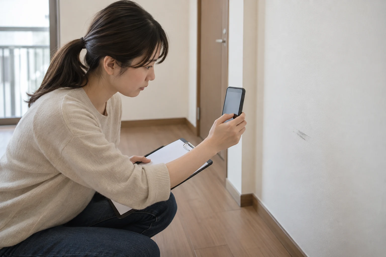 日本人女性が入居時の部屋の傷と設備状態を記録する