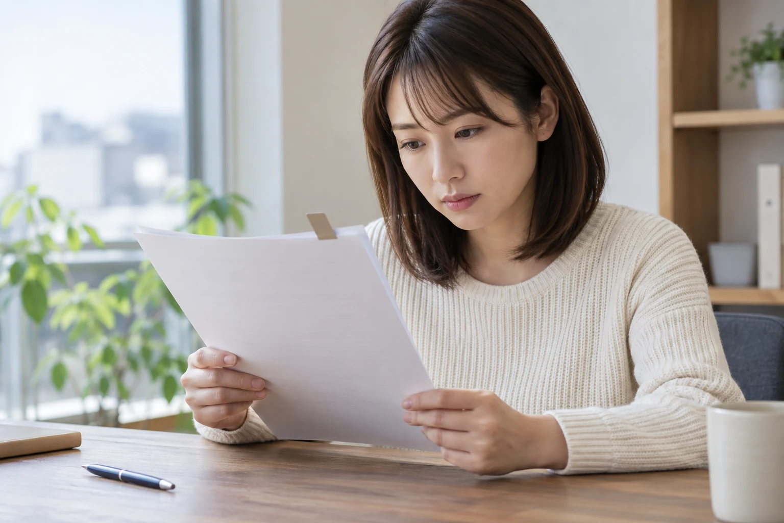 日本人女性が賃貸借契約書の特約欄を確認する