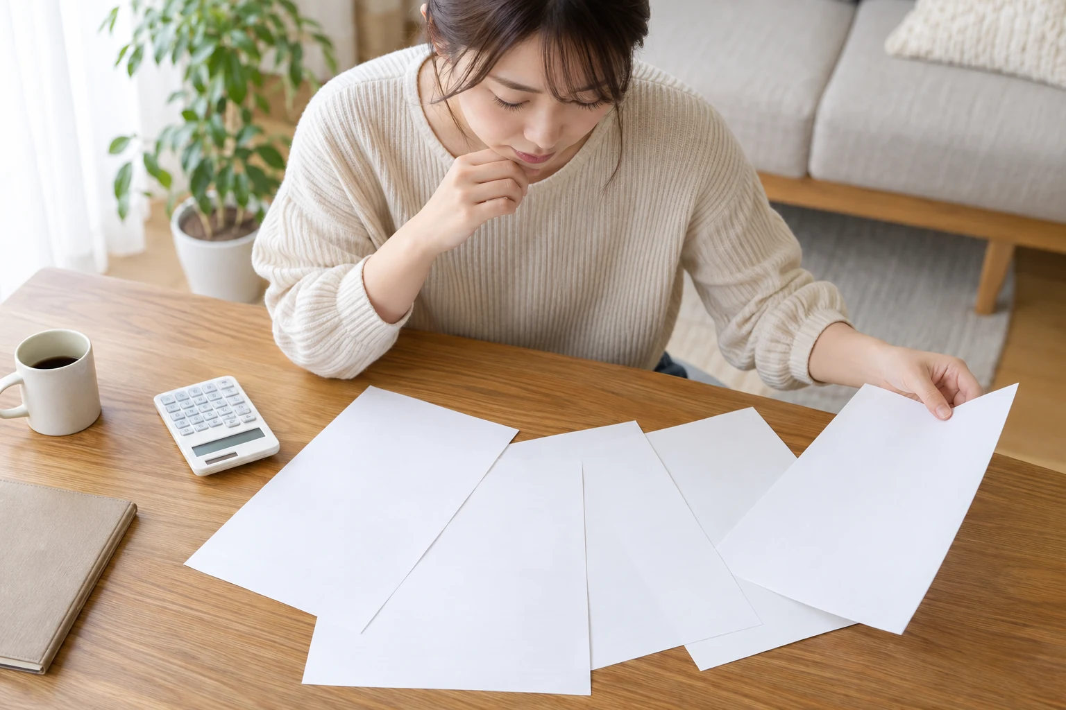 日本人女性が賃貸契約の初期費用見積書を並べて比較する