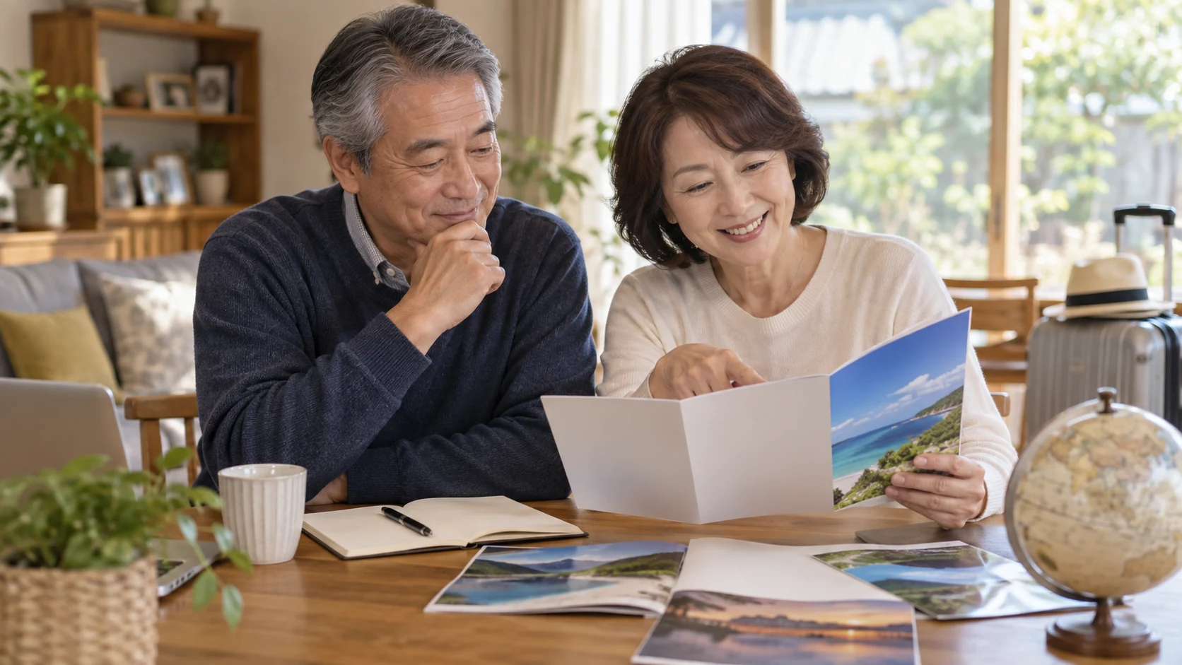 退職後の旅行を考える60代の日本人男性と家族