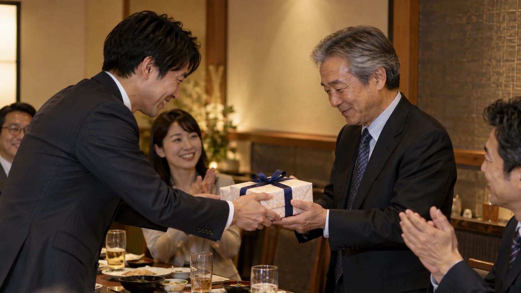 退職祝いのギフトを受け取る60代の日本人男性