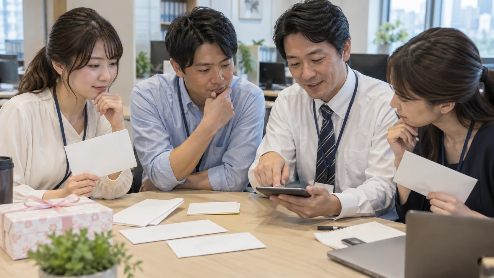 職場の有志で退職祝いの予算を相談する日本人社員