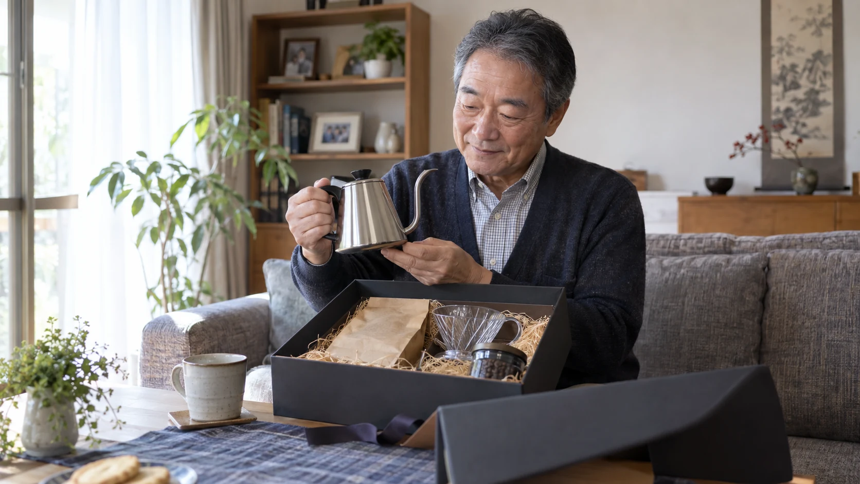 送別の場で退職祝いを渡す日本人社員と60代男性