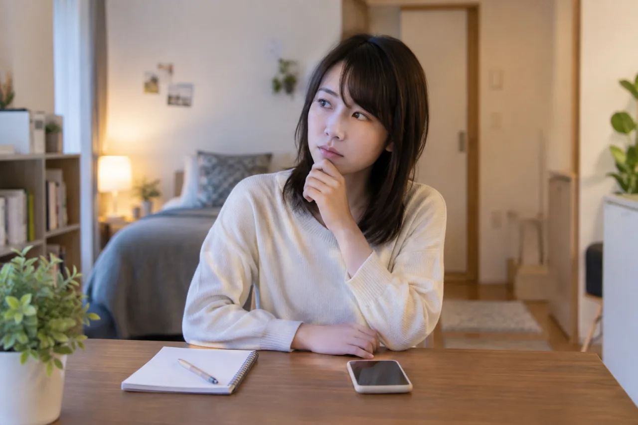 一人暮らしの日本人女性が自宅で退職の連絡方法を考えている場面