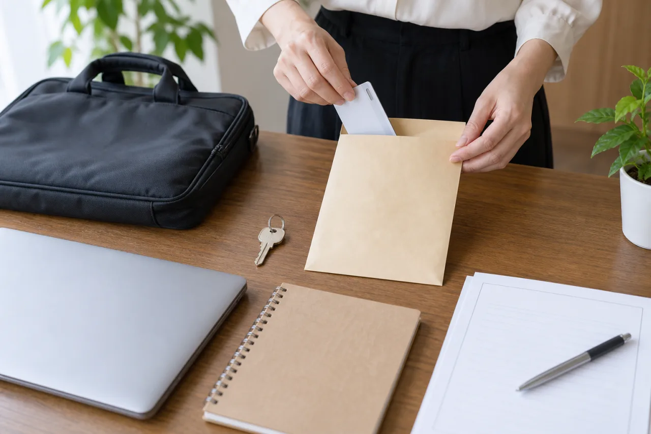 会社の鍵や貸与品と退職後に必要な書類を返却準備する日本人の手元
