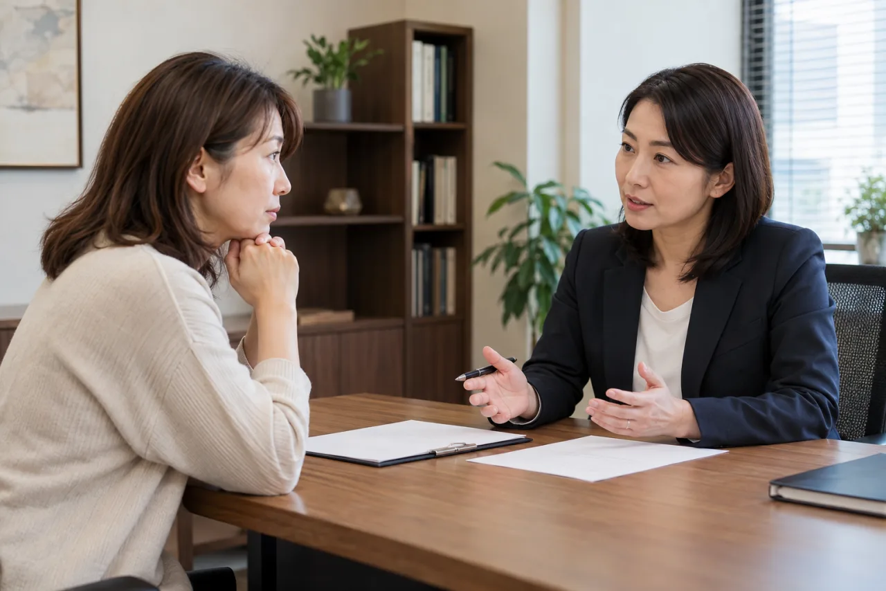 日本人の相談者が弁護士に退職と労働条件について相談している場面