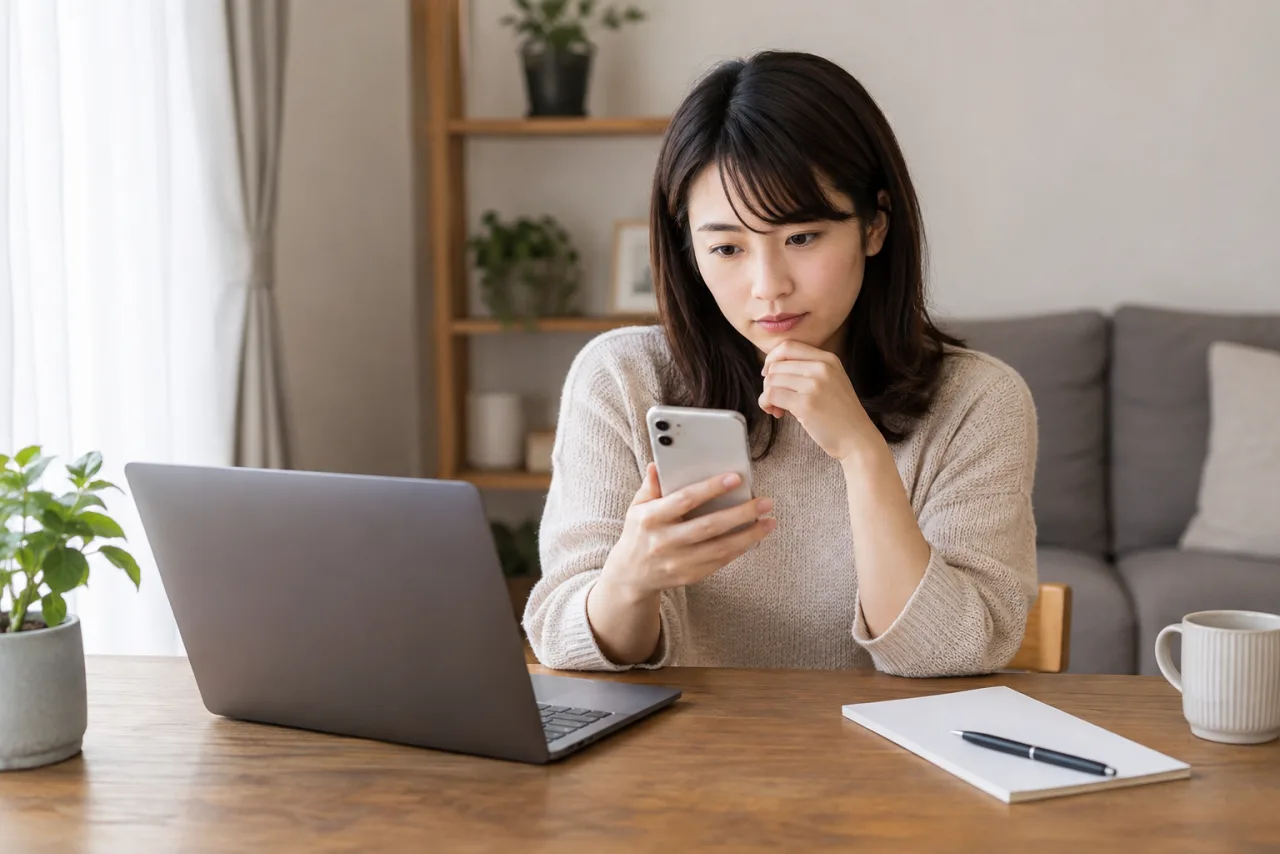 日本人の利用者がスマートフォンとパソコンで退職代行サービスの契約条件を確認している場面