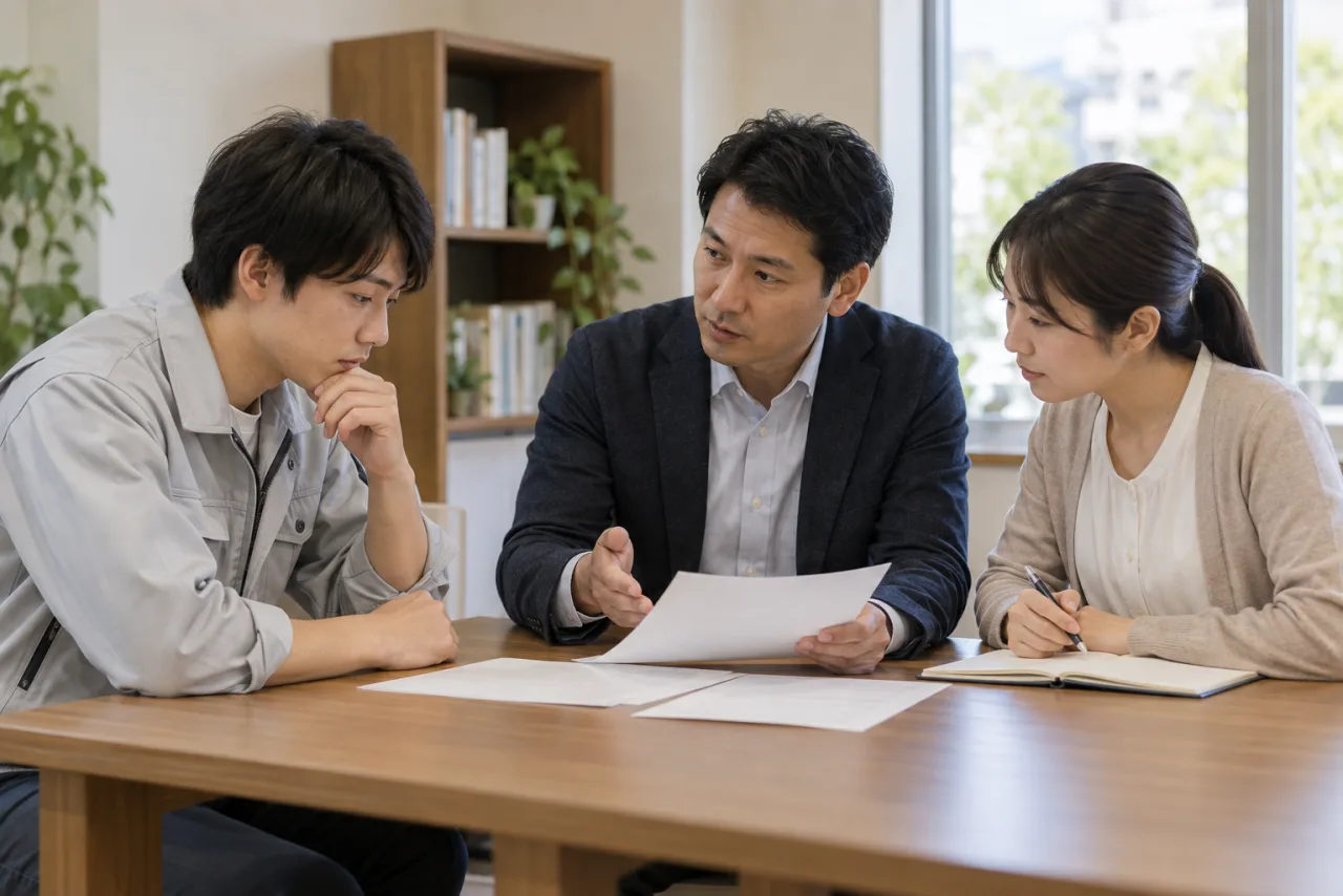 日本人の労働者が労働組合の担当者と退職や労働条件について話し合う場面