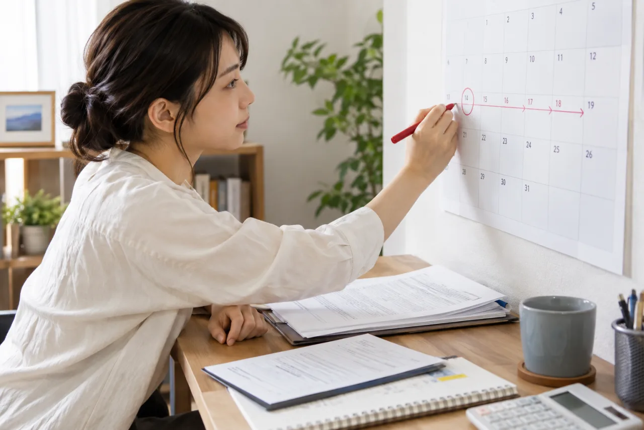 失業保険の受給期間をカレンダーと書類で確認する日本人女性